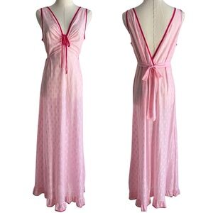 Vintage Y2K Pink Sheer Embroidered Maxi Dress M/L Tie Back Boho 2000s Keyhole